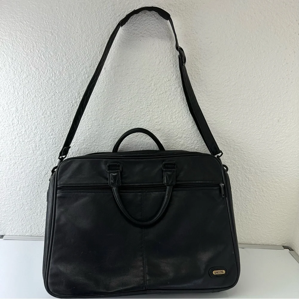 SATCHI genuine black leather messenger bag unisex academia